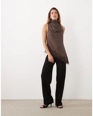 Pretty Lavish High Cowl Neck Asymmetric Lace Hem Satin Top - Brown