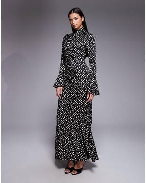 DASKA Vestido Largo Negro Con Estampado De Lunares, Mangas Acampanadas Y Detalle Anudado De Satén De - Gris