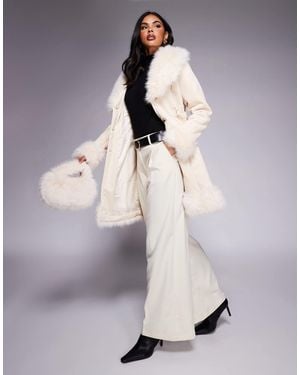 Princess Polly Simmer Lane Suedette Faux Fur Trim Belted Longline Penny Lane Coat - Gray