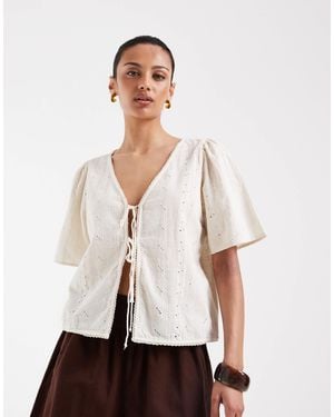 Vero Moda Tie Front Cutwork Broderie Flutter Sleeve Blouse - White