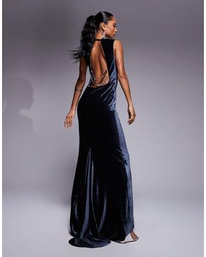 ASOS Premium High Neck Crushed Velvet Maxi Dress With Oversized Diamante Trim Back Detail - Blue