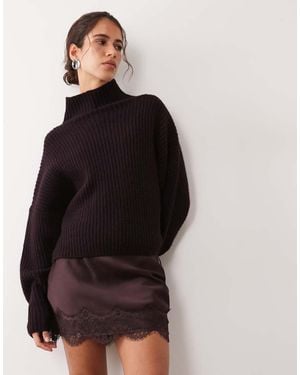 New Look Satin Scallop Lace Trim Mini Skirt - Brown
