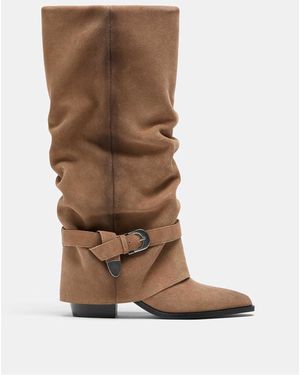 Stradivarius Real Suede Slouchy Heeled Boot - Brown