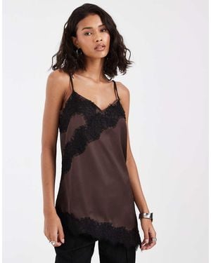 Pieces Asymmetric Lace Trim Satin Cami Top - Brown