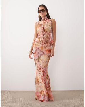 Wanderdoll Primrose - jupe longue d'ensemble drapée en mousseline transparente - rose antique à motif fleurs