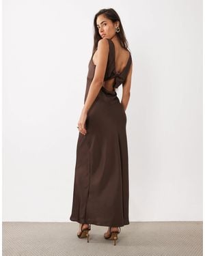 Vila Deep V Neck Satin Maxi Dress - Brown