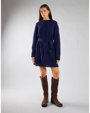 Glamorous Knit Belted Long Sleeve Mini Dress - Blue