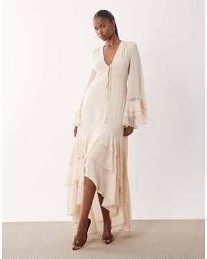 TFNC London V Neck Long Sleeve Frilly Chiffon Maxi Dress - Natural