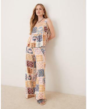 ASOS Pantalones De Pernera Ancha Con Y Lazada Delantera De Mezcla De Lino De - Neutro