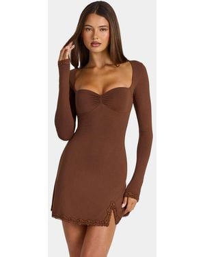 Oh Polly Modal Sweetheart Lace Trim A Line Mini Dress - Brown