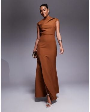 Jarlo High Neck Maxi Dress With Thigh Split - Brown