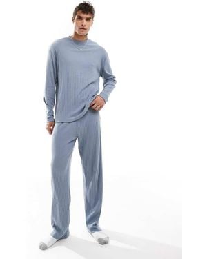 ASOS Rib Lounge Set With Long Sleeve T-shirt And Bottoms - Blue