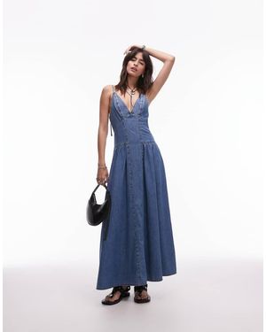 TOPSHOP Denim Maxi Jurk Met Naaddetail En Rimpeleffect - Blauw