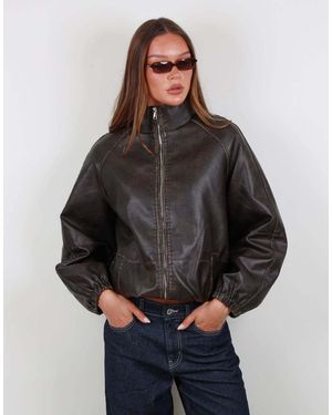 SIMMI Oversized Funnel Neck Faux Leather Bomber - Grey