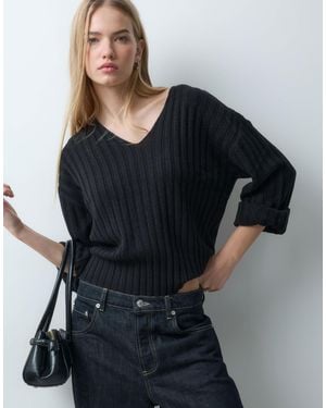 Jdy Gerippter pullover mit v-ausschnitt - Schwarz