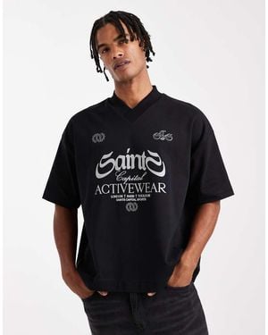 ASOS Premium Interlock Boxy Oversized T-shirt With V Neck And Sports Graphic - Black