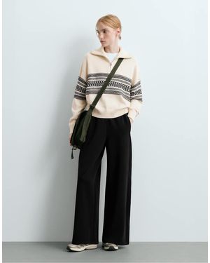Oysho Wide-Leg Rib Straight Trousers With Brushed Modal - White