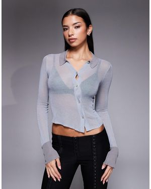 I.AM.GIA Davina 90s Fine Ribbed Knit Asymmetric Button Detail Fitted Shirt - Grey