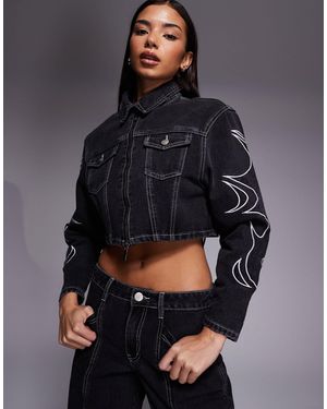 Liquor N Poker Boxy Denim Jacket With Applique Detail - Grey