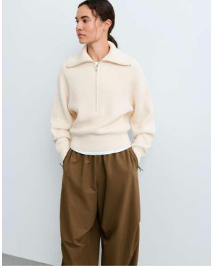 Oysho Cotton Half-zip Knit Jumper - Natural