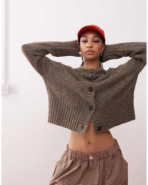 Collusion Fluffy Textured Crew Neck Cardigan - Brown