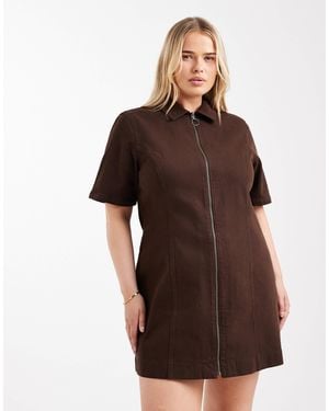 ASOS Asos Design Curve Denim Short Sleeve Mini Dress With Zip Through - Brown
