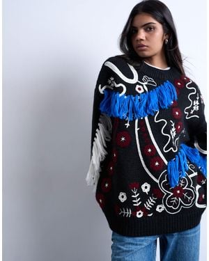 TOPSHOP Pull oversize brodé en maille - Bleu