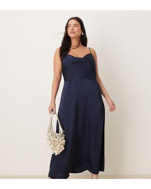 Vila Curve Vestido Largo Azul Marino De Tirantes Con Cuello Desbocado De Satén De