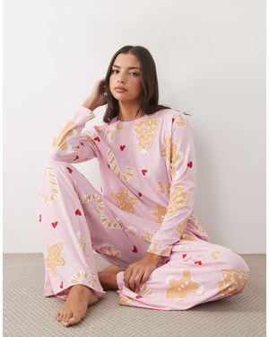 ASOS Long Sleeve Top & Wide Leg Trouser Pajama Set With Christmas Cookie Graphic - Pink