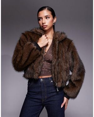 Liquor N Poker Cropped Faux Fur Bomber Jacket - Grey
