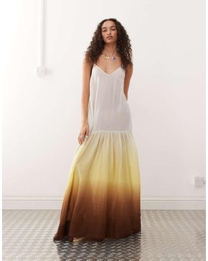 Monki Crinkled Tiered Floaty Maxi Dress With Low Tie Back Detail - Natural
