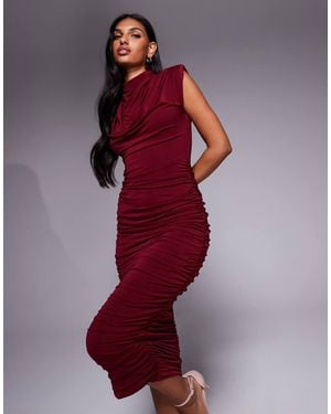 TFNC London Vestito Midi Accollato Color Ciliegia Con Spalline Imbottite - Rosso