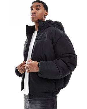 Pull&Bear Boxy Puffer Jacket With Hood - Black
