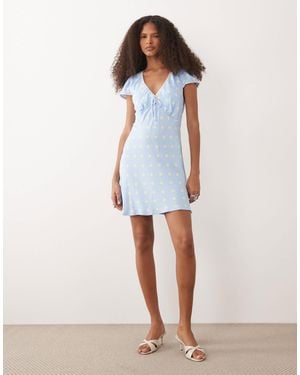 Nobody's Child Rosa V-Neck Short Sleeve Lace Trim Mini Dress - Blue