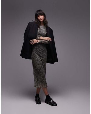 Mango Mesh Ruched Side Snake Print Midi Dress - Grey