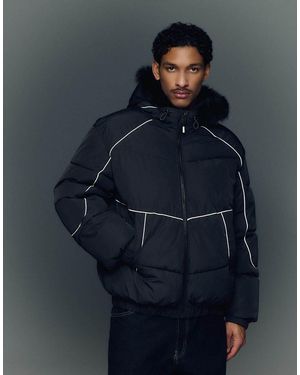 Bershka Technical Jacket With Faux Fur Hood - Blue