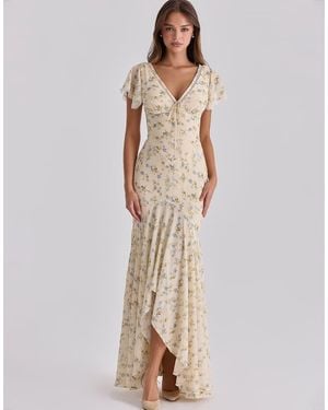 House Of Cb Amina Lemon Floral Print Georgette Maxi Tea Dress - Natural