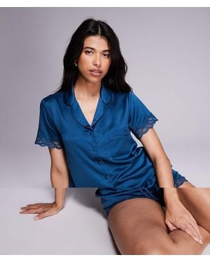 Boux Avenue Conjunto Color Cerceta Oscuro De Pantalones Cortos Y Top Con Cuello De Solapas De Satén Mate Amelie De -Azul