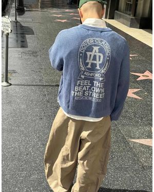 Bershka Boxy Print Round Neck Jumper - Blue