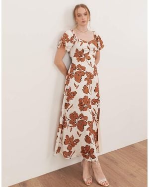 Lovedrobe Floral Short Sleeve Sweetheart Neck Midaxi Dress - Natural