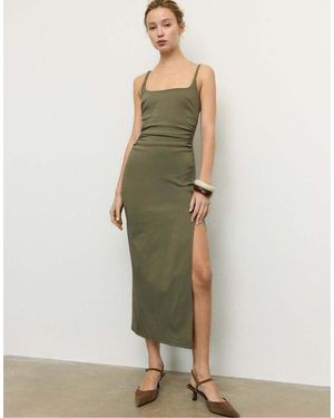 Stradivarius Bengaline Midi Dress With Square Neckline - Green