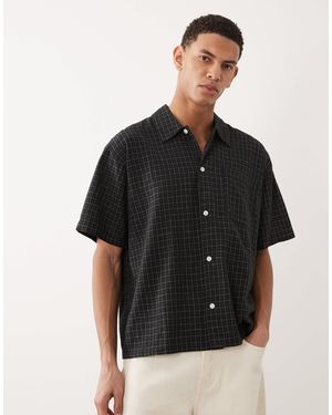 Jack & Jones Linen Blend Cropped Short Sleeve Check Shirt - Black