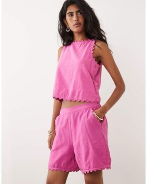 Vila Pantalones Cortos Rosa Luminoso Con Ribete Festoneado De Algodón De (Parte De Un Conjunto)