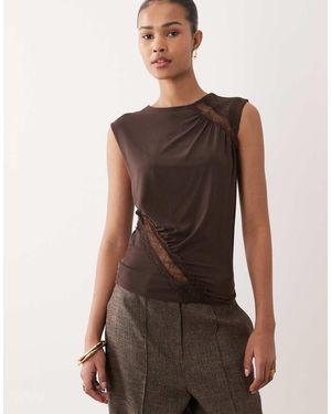 Mango Sheer Lace Detail Sleeveless Top - Brown