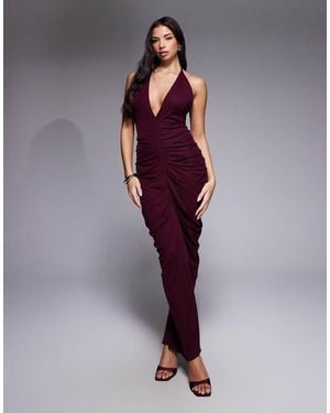 I.AM.GIA Sashi Deep Plunge Neck Low Back Ruched Detail Maxi Dress - Purple