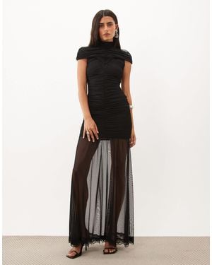 TFNC London Mesh High Neck Maxi Dress With Ruched Detail - Black