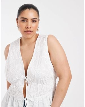 Vero Moda Floral Embroidered Tie Front Peplum Hem Blouse - White