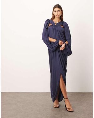 ARRANGE Drape Midi Dress With Balloon Sleeve And Hardware Detail - Blue