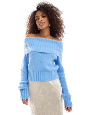 Bershka Fluffy Bardot Sweater - Blue