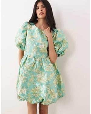 Sister Jane Pistachio Jacquard Puff Sleeve Mini Dress - Green